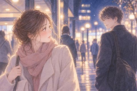 少し離れた場所で好きな人と目が合う女性