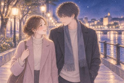 夜の街を好きな人と並んで歩く女性