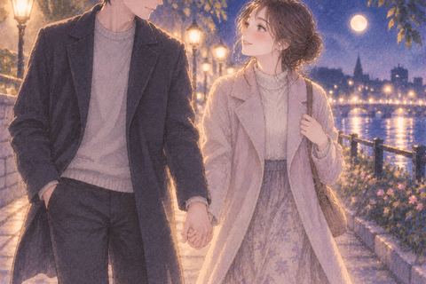 夜道で好きな人と手をつないで歩く二人