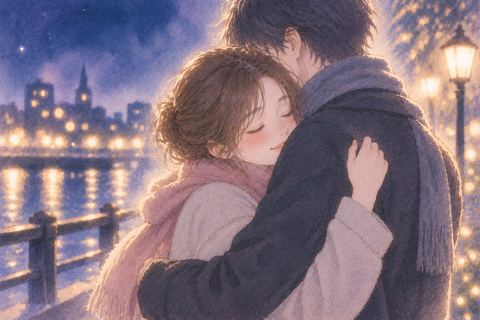 夜の柔らかな光の中で好きな人と抱き合う二人