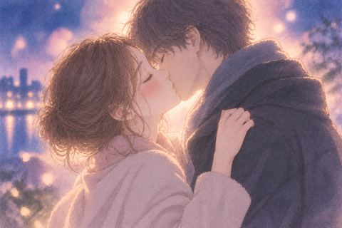 夜の夢の中で好きな人と顔を寄せる二人