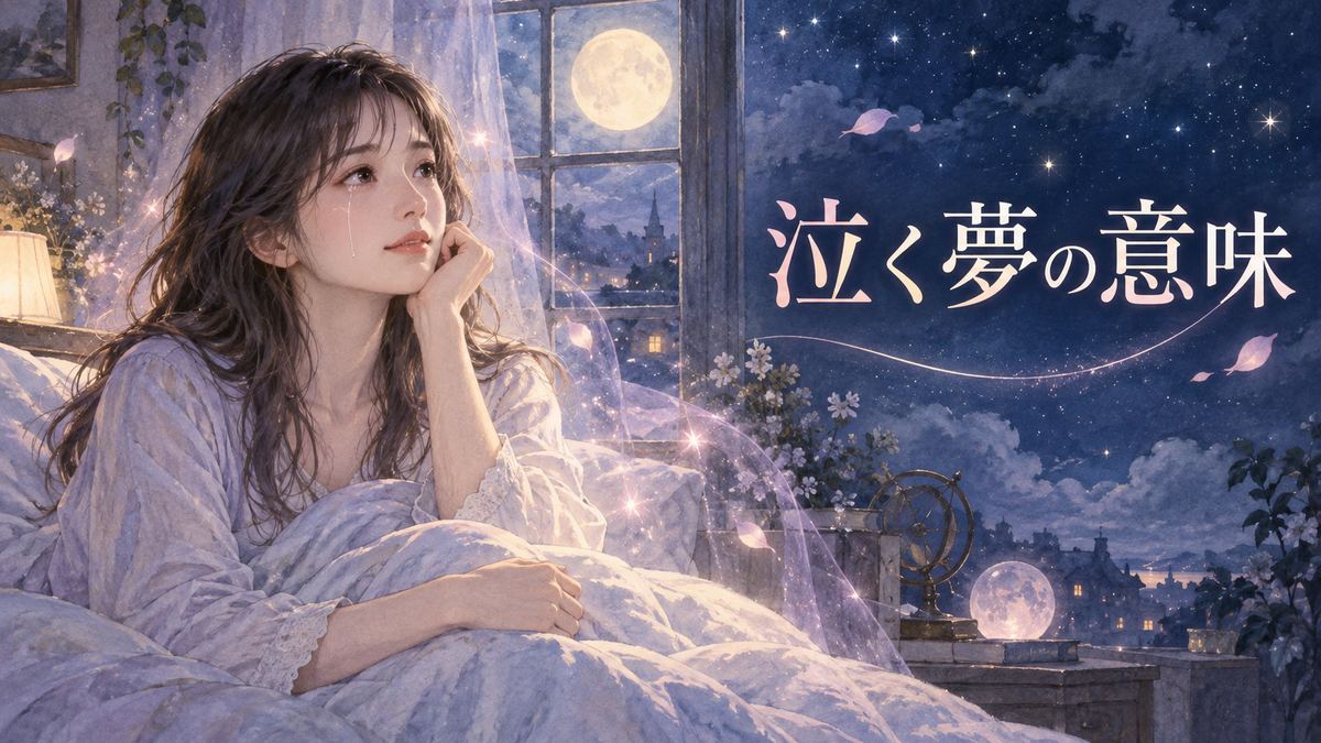 月明かりの寝室で頬に涙を残して目覚めた大人の女性と淡く漂う夢の光