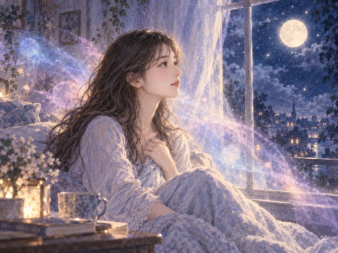 夜の窓辺で涙の記憶を静かに振り返る女性の横顔
