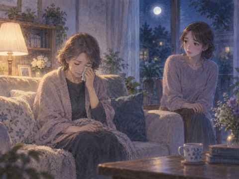 夜の居間で涙ぐむ母親を気にかけて見つめる大人の女性