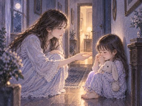夜の廊下で泣く子供にしゃがんで手を差し伸べる大人の女性