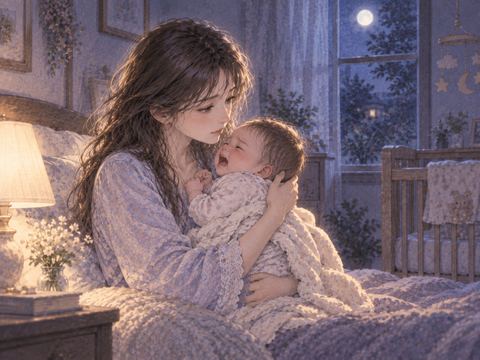 夜の部屋で泣く赤ちゃんを抱き上げる女性