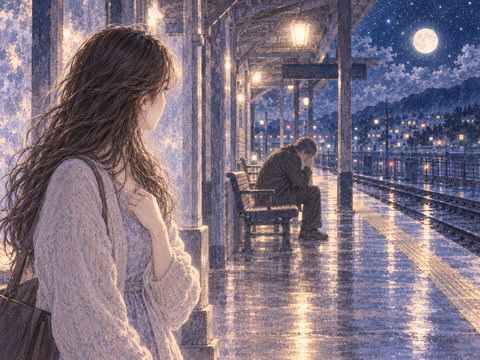 夜の駅で泣く見知らぬ人物を遠くから見つめる女性