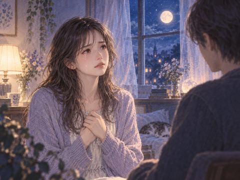 夜の室内で相手に何か言われ涙をこらえる女性