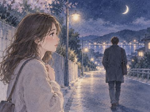 夜の道で離れていく相手を涙ぐみながら見送る女性