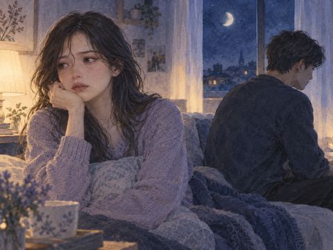 夜の部屋で背を向けた二人と涙をこらえる女性