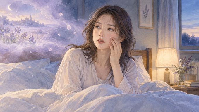 夜明け前の寝室で頬の涙に気づいて目覚めた女性