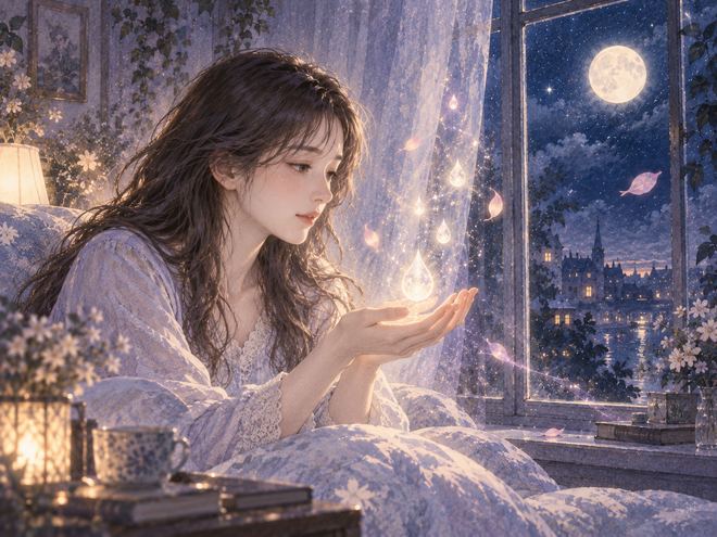月明かりの下で涙のような光の粒を見つめる女性