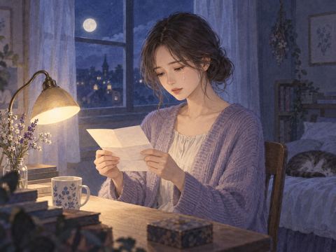 夜の部屋で手紙を握り静かに涙を流す女性