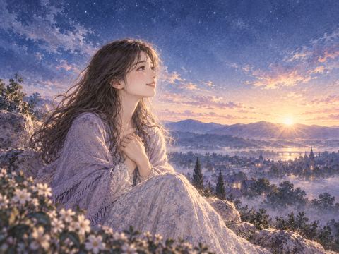 夜明け前の光景を見て微笑みながら涙ぐむ女性