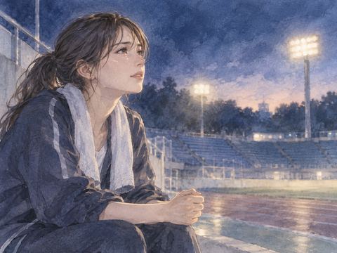 夜の競技場の端で拳を握り悔し涙をこらえる女性