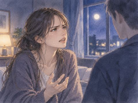 夜の部屋で悔しそうに涙を流しながら相手に向き合う女性