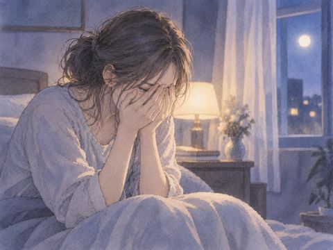 夜の部屋で顔を手で覆い激しく泣く女性