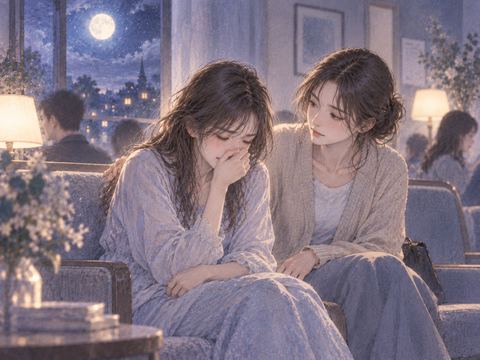 人のいる夜の室内で涙をこらえる女性とそばに寄り添う人物