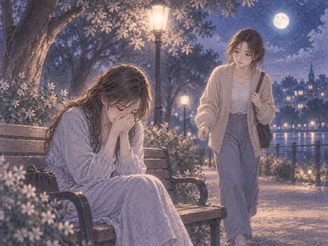 夜の公園で泣く友達へそっと近づく女性