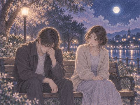 夜のベンチで涙ぐむ男性を心配そうに見つめる女性