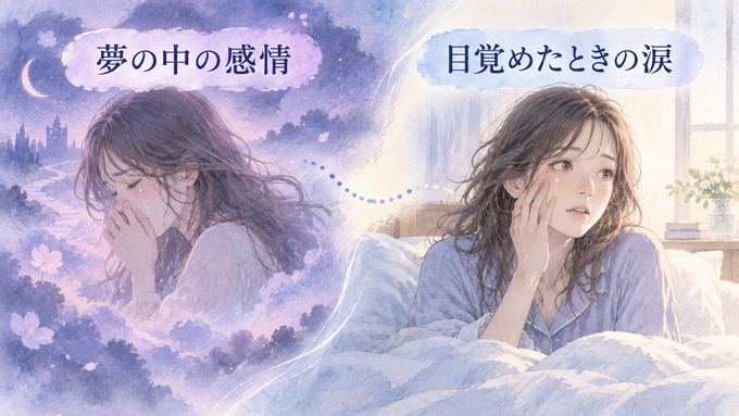 夢の中の泣く場面と目覚めた女性を分けて描いた図解