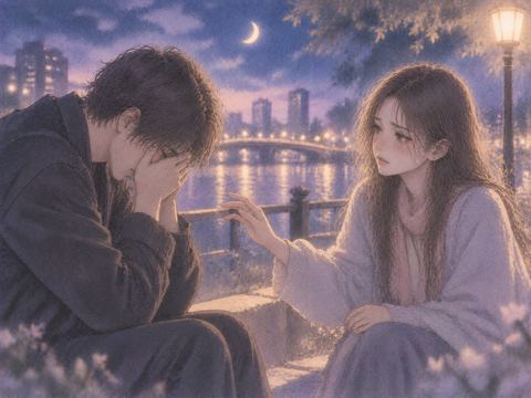 涙を流す男性と少し離れて向き合う女性