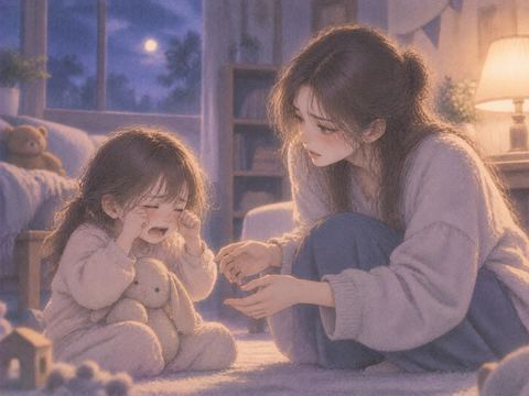 泣いている子供のそばで心配そうにしゃがむ大人
