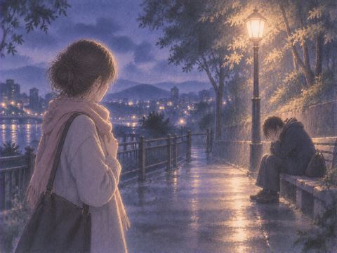夜道で泣く知らない人を少し離れて見つめる女性