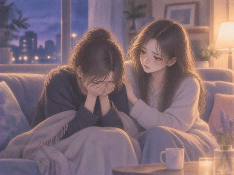 泣く人の隣に座りそっと寄り添う女性