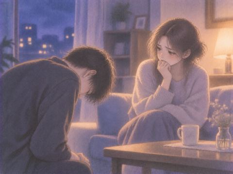 涙を流して頭を下げる人と複雑な表情で向き合う女性