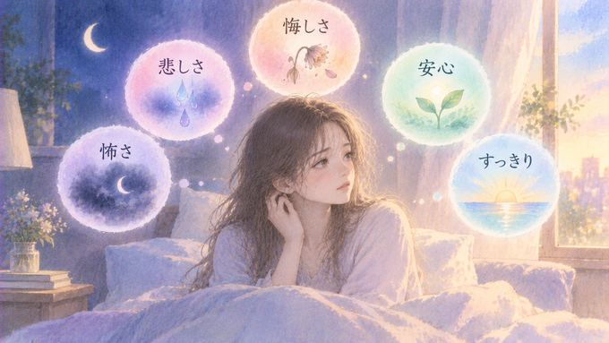 目覚めた女性の周囲に悲しさや怖さなどの感情を示した図解