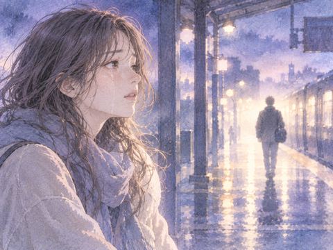離れていく人を見つめながら静かに涙を流す女性