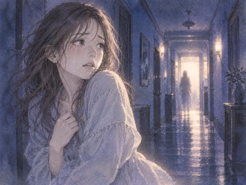 暗い廊下で背後を気にしながら涙を浮かべる女性