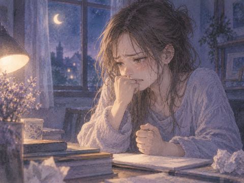 机の前で拳を軽く握り悔し涙をこらえる女性
