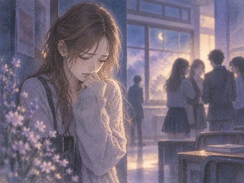 人の輪から少し離れ涙をこらえる女性