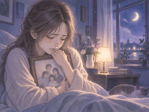 家族の写真を胸元に抱き静かに涙を流す女性