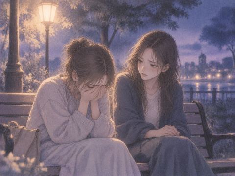 ベンチで泣く友達を心配そうに見つめる女性