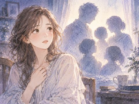 家族の影を前に胸元へ手を添える女性