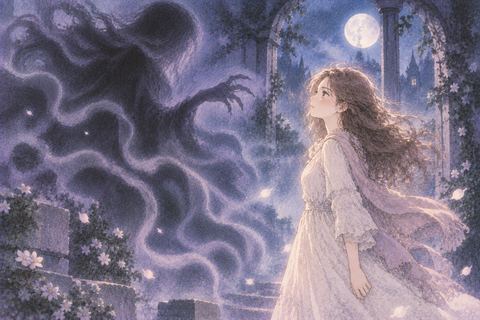淡い呪いの影に向き直る女性