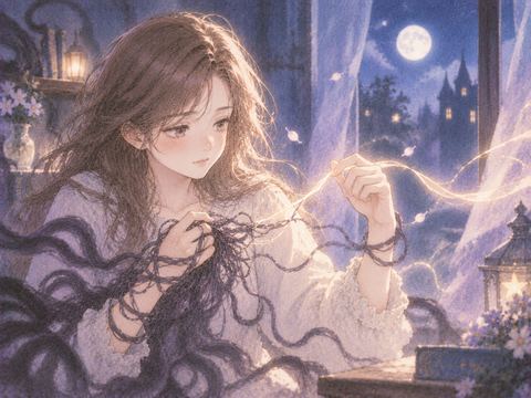 絡んだ光の糸を自分の手でほどく女性