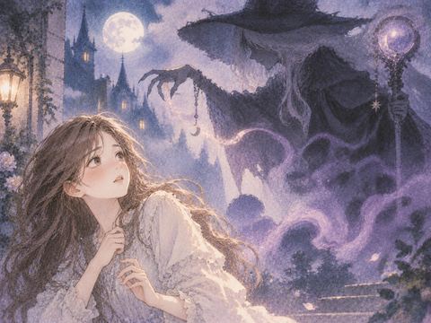 魔女の影と向き合う女性