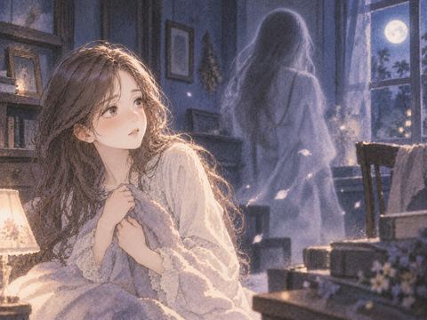 古い部屋で淡い幽霊の影を見る女性