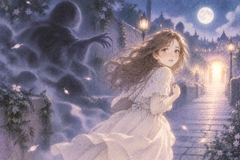 淡い影から夜道を走って離れる女性