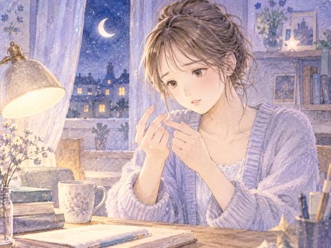 指先を気にして手を見つめる女性