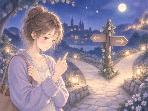 分かれ道の前で人差し指を見る女性