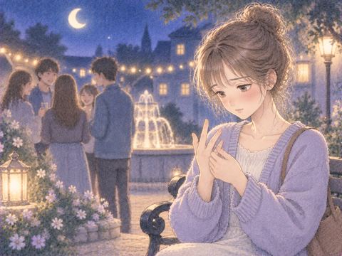 人の輪から少し離れて手を見る女性
