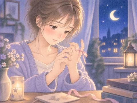 小指に結ばれた細いリボンを見る女性