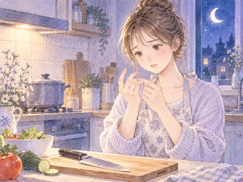 包丁を置いて指先を確かめる女性