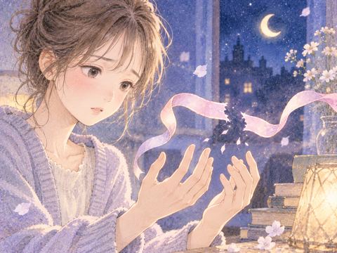 離れた二本のリボンを見つめる女性の手