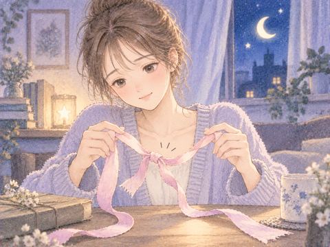 結び目をほどいたリボンと女性の手